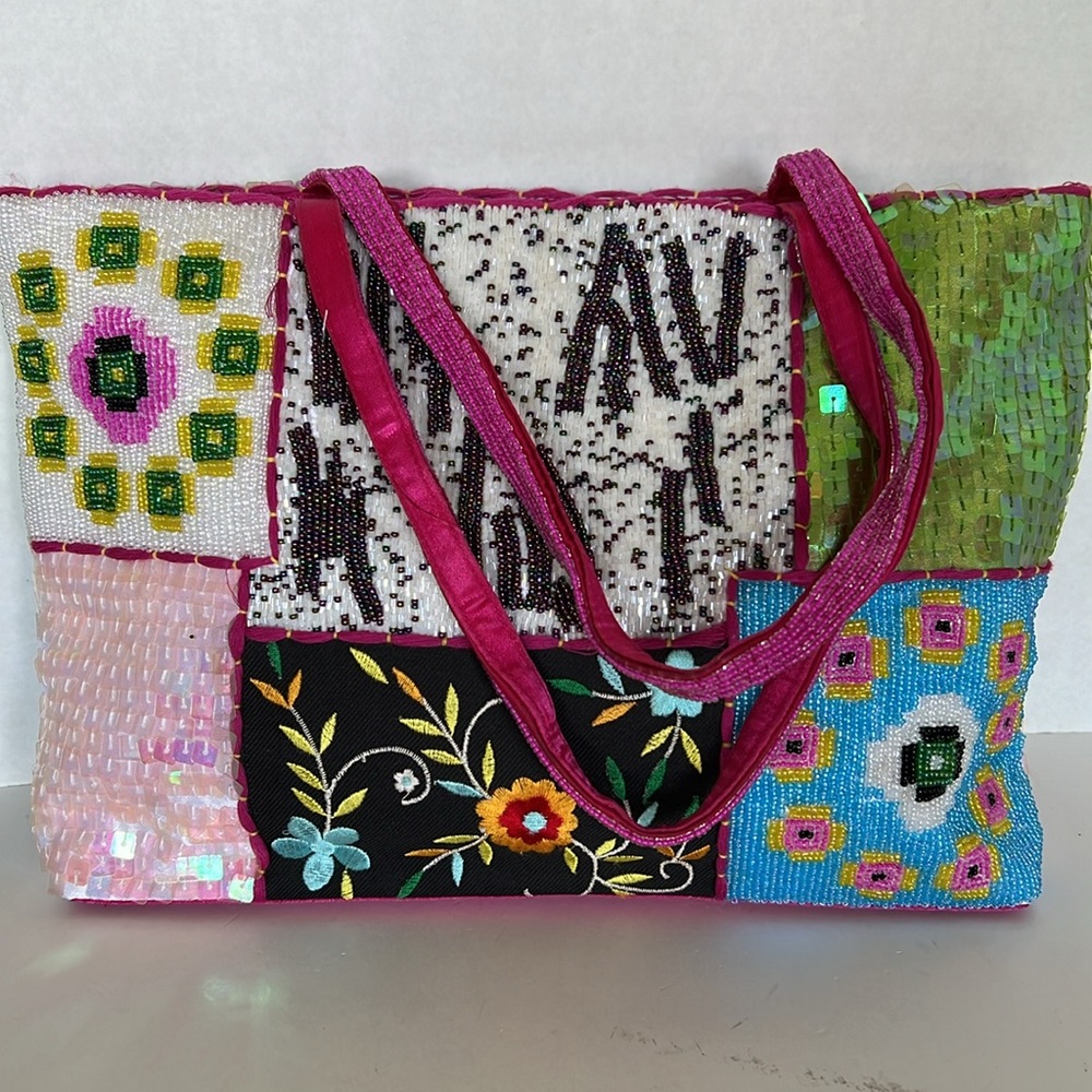 Beaded & Embroidered - Front & Back - Small Zip Top Tote